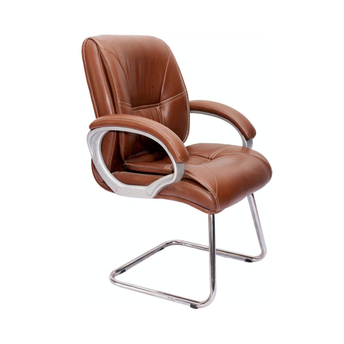 ML-317-Leather Brown Mid Back Visitor Chair With Fixed Wheelbase - Image 3