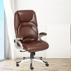 ML-1626-Cushioned Brown Leather Executive Chair With SS Wheelbase